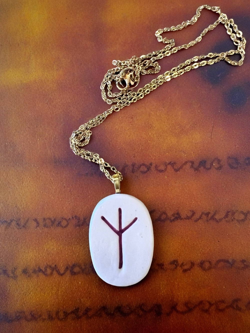 Gold Chain Necklace with Stone Pendant and Maroon Algiz Rune Accent